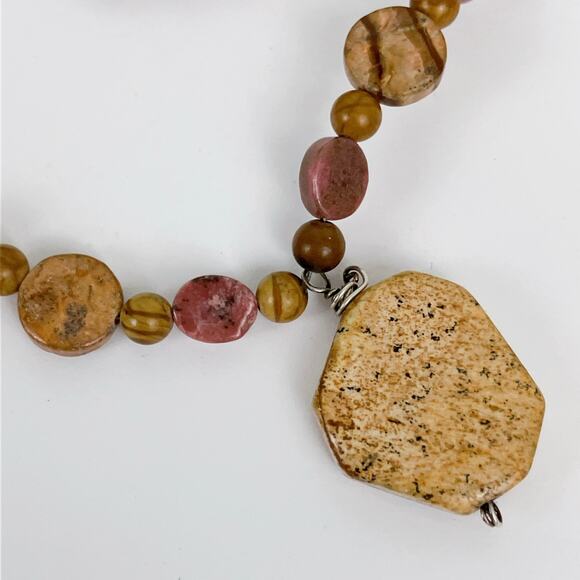 VTG Gemstone Rhodonite Picture Jasper Boho Artisan Necklace Statement Pendant - Picture 7 of 15